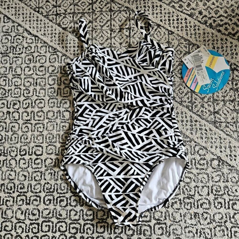 Swim Solutions Geo Print Crossover-Front One-Piece Swimsuit Size 8 in Black and